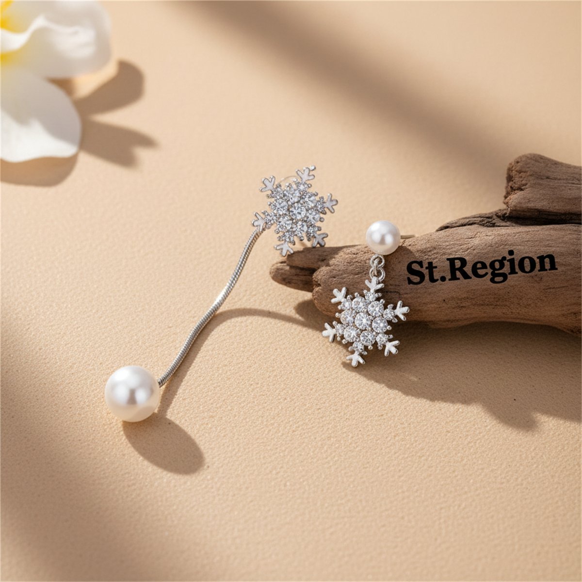 Cubic Zirconia and Pearl Silver-Plated Snowflake Drop Earrings, silver drop earrings for women, front view