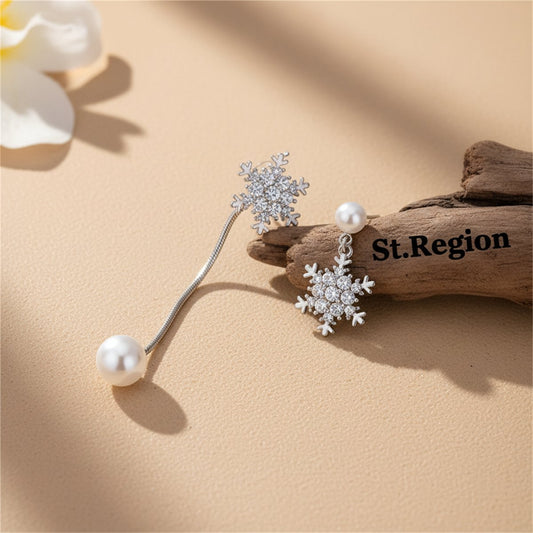 Cubic Zirconia and Pearl Silver-Plated Snowflake Drop Earrings, silver drop earrings for women, front view
