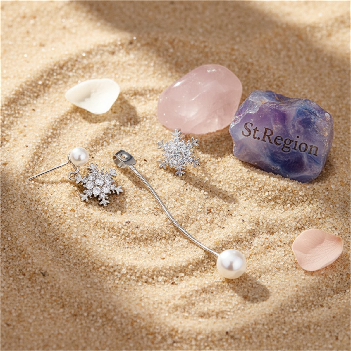 Cubic Zirconia and Pearl Silver-Plated Snowflake Drop Earrings, silver drop earrings for women, detail close-up