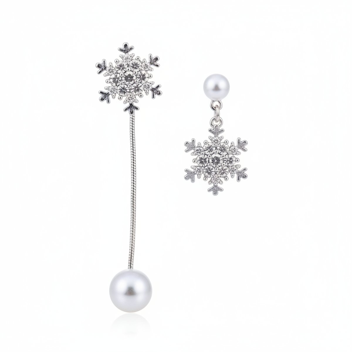 Cubic Zirconia and Pearl Silver-Plated Snowflake Drop Earrings, silver drop earrings for women, botanical inspired, side view