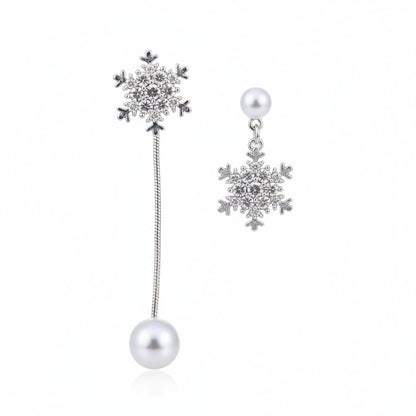 Cubic Zirconia and Pearl Silver-Plated Snowflake Drop Earrings, silver drop earrings for women, botanical inspired, side view