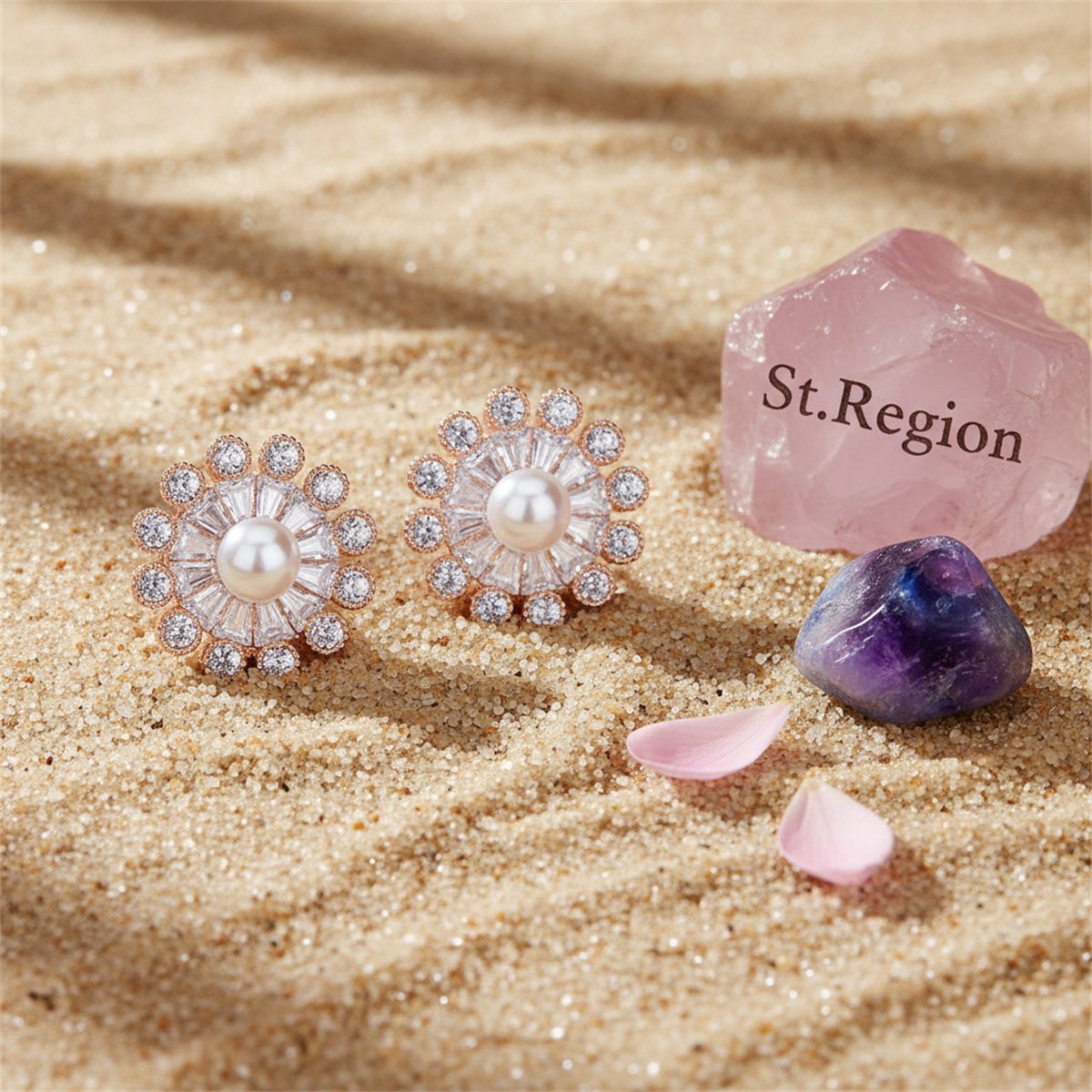 Cubic Zirconia and Pearl Snowflake Stud Earrings, stud earrings for women, everyday style, detail close-up
