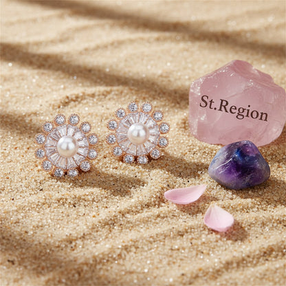 Cubic Zirconia and Pearl Snowflake Stud Earrings, stud earrings for women, everyday style, detail close-up