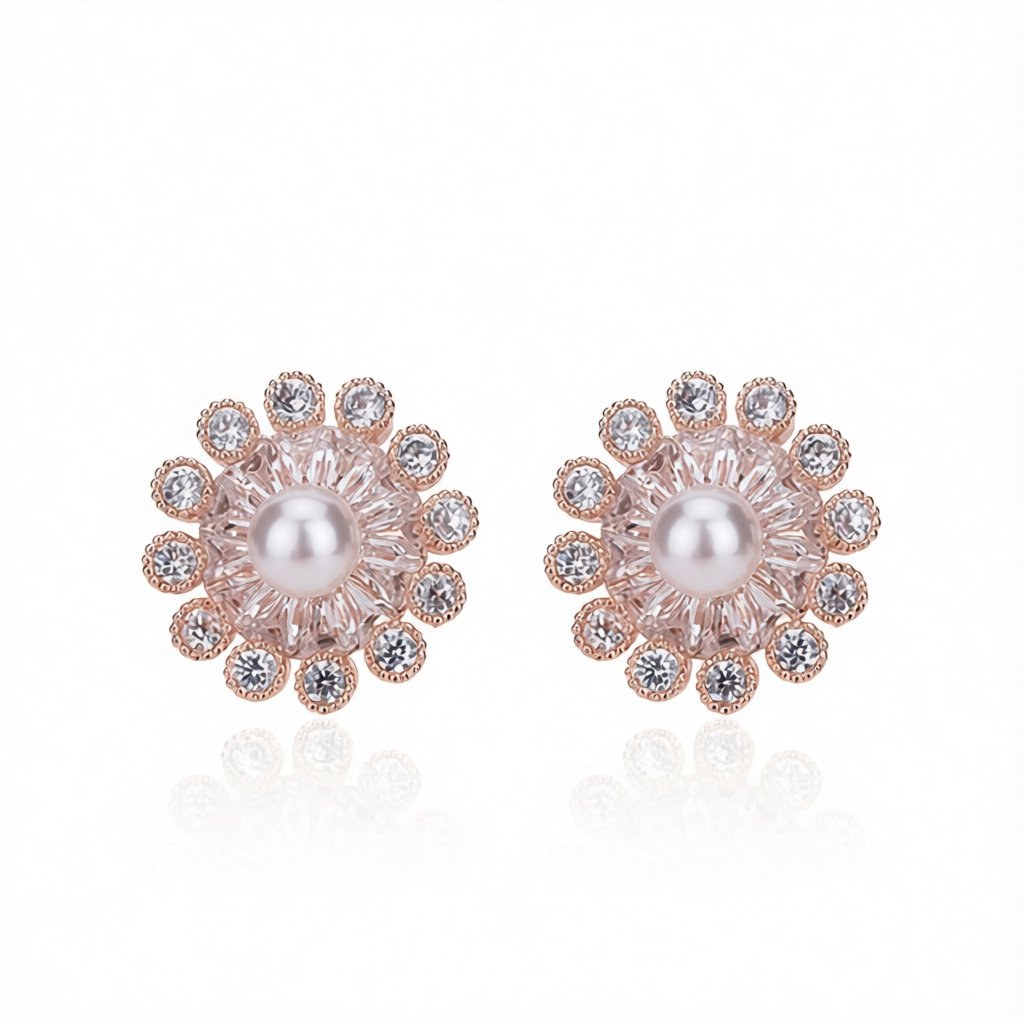 Cubic Zirconia and Pearl Snowflake Stud Earrings, stud earrings for women, everyday style, side view