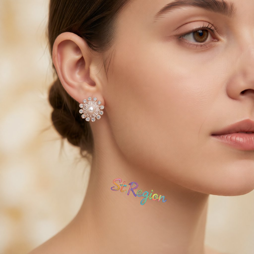 Cubic Zirconia and Pearl Snowflake Stud Earrings, stud earrings for women, everyday style, styled look