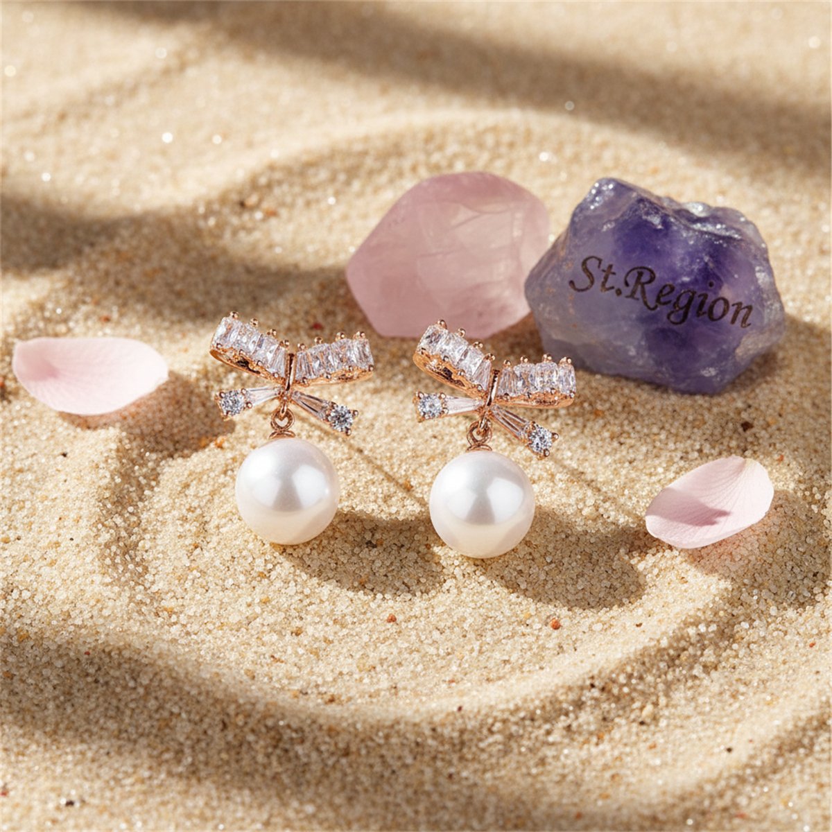 Cubic Zirconia and Pearl 18k Rose Gold-Plated Bow Drop Earrings, rose gold drop earrings for women, detail close-up
