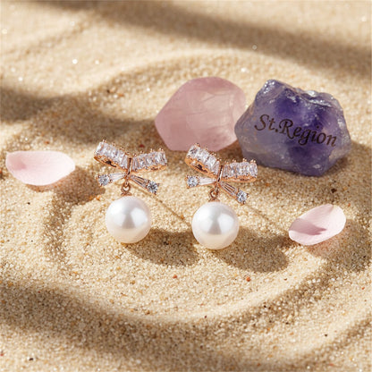 Cubic Zirconia and Pearl 18k Rose Gold-Plated Bow Drop Earrings, rose gold drop earrings for women, detail close-up