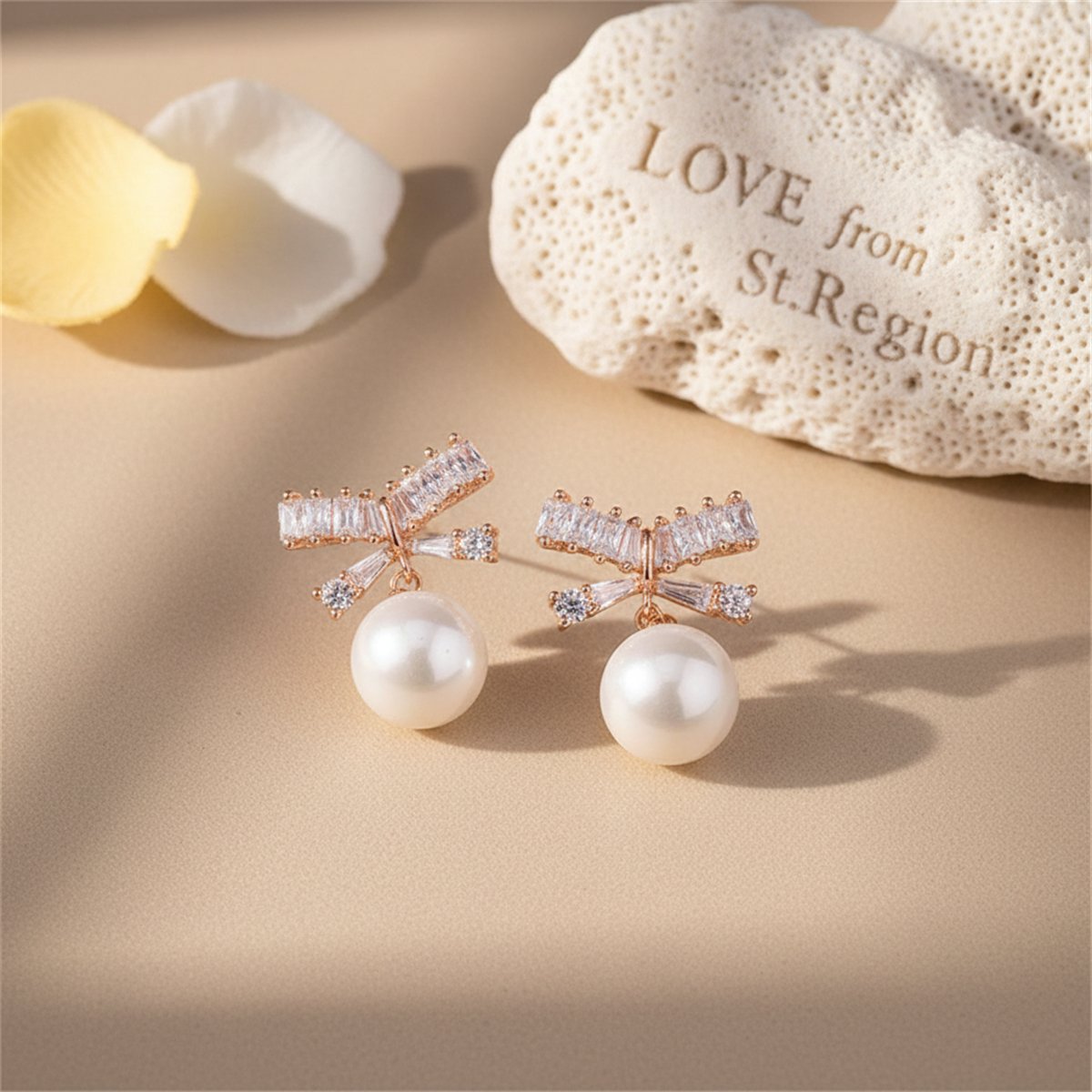 Cubic Zirconia and Pearl 18k Rose Gold-Plated Bow Drop Earrings, rose gold drop earrings for women, lifestyle look