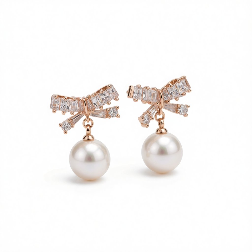 Cubic Zirconia and Pearl 18k Rose Gold-Plated Bow Drop Earrings, rose gold drop earrings for women, everyday style, side view