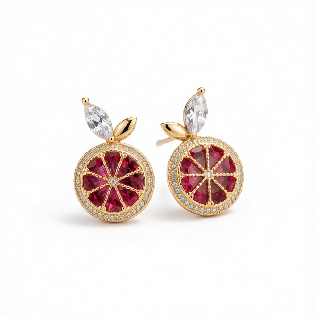 Red Crystal and Cubic Zirconia Orange Slice Stud Earrings, cubic zirconia stud earrings for women, everyday style, side view