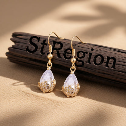 Crystal and 18K Gold-Plated Floral Drop Earrings, gold drop earrings for women, everyday style, front view