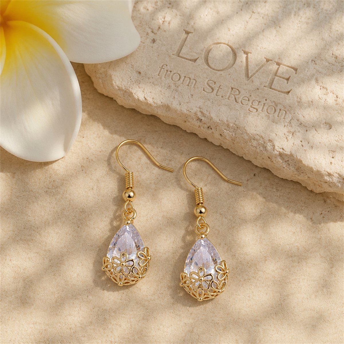 Crystal and 18K Gold-Plated Floral Drop Earrings, gold drop earrings for women, everyday style, lifestyle look