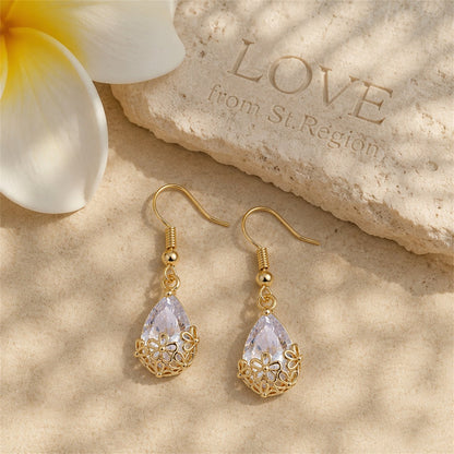 Crystal and 18K Gold-Plated Floral Drop Earrings, gold drop earrings for women, everyday style, lifestyle look