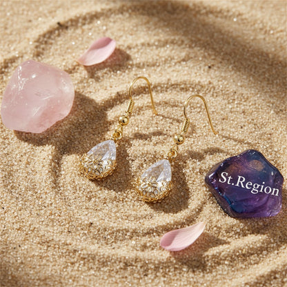 Crystal and 18K Gold-Plated Floral Drop Earrings, gold drop earrings for women, everyday style, detail close-up