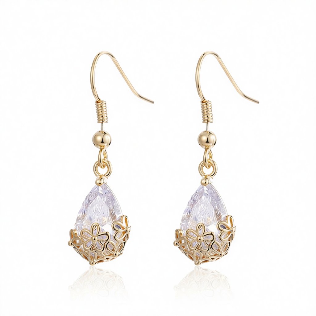 Crystal and 18K Gold-Plated Floral Drop Earrings, gold drop earrings for women, everyday style, side view