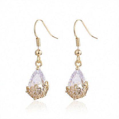 Crystal and 18K Gold-Plated Floral Drop Earrings, gold drop earrings for women, everyday style, side view