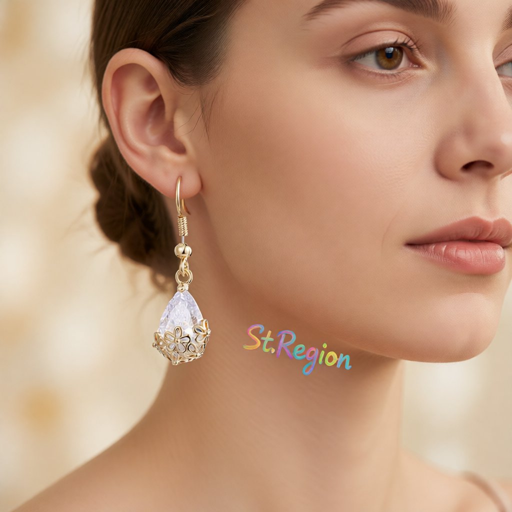 Crystal and 18K Gold-Plated Floral Drop Earrings, gold drop earrings for women, everyday style, styled look
