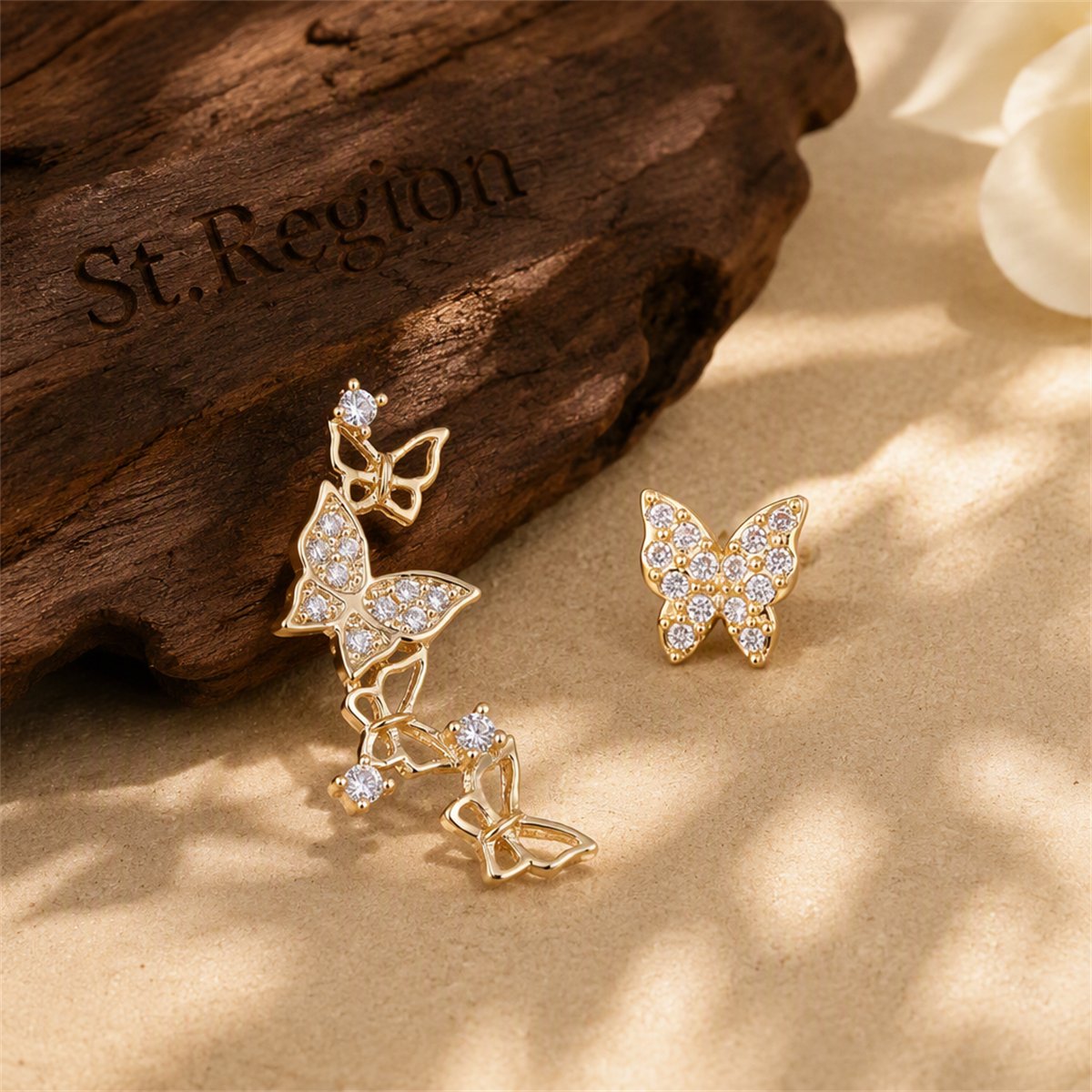 Cubic Zirconia and 18K Gold-Plated Butterfly Stud/Drop Earrings, gold stud earrings for women, front view