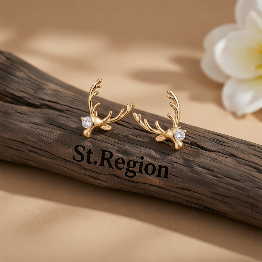 Cubic Zirconia and 18K Gold-Plated Deer Stud Earrings, gold stud earrings for women, elegant gift for her, front view