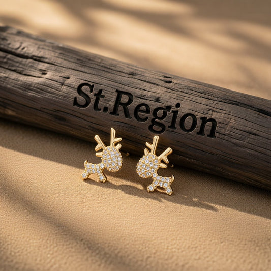 Cubic Zirconia and 18K Gold-Plated Reindeer Stud Earrings, gold stud earrings for women, dainty minimalist design, front view
