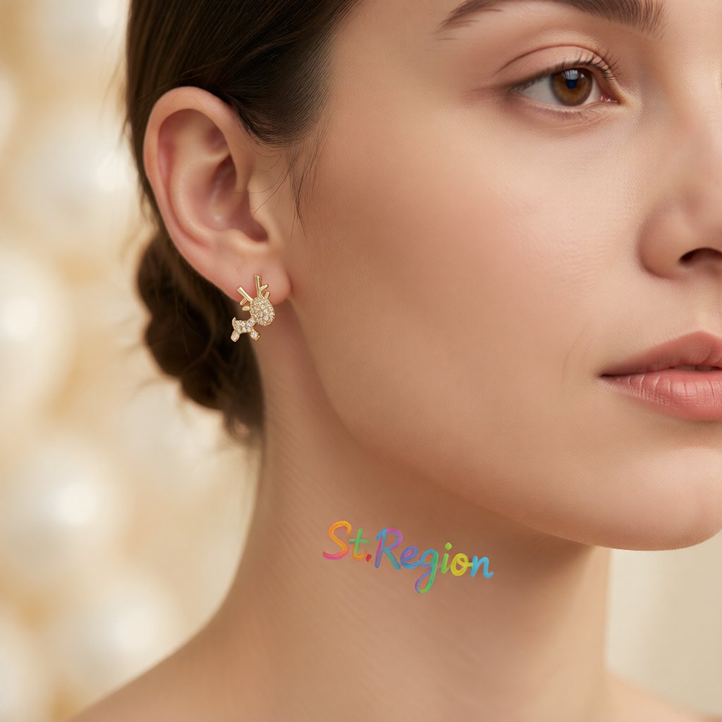 Cubic Zirconia and 18K Gold-Plated Reindeer Stud Earrings, gold stud earrings for women, styled look