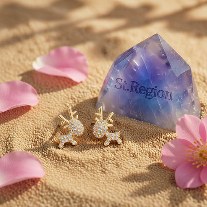 Cubic Zirconia and 18K Gold-Plated Reindeer Stud Earrings, gold stud earrings for women, detail close-up