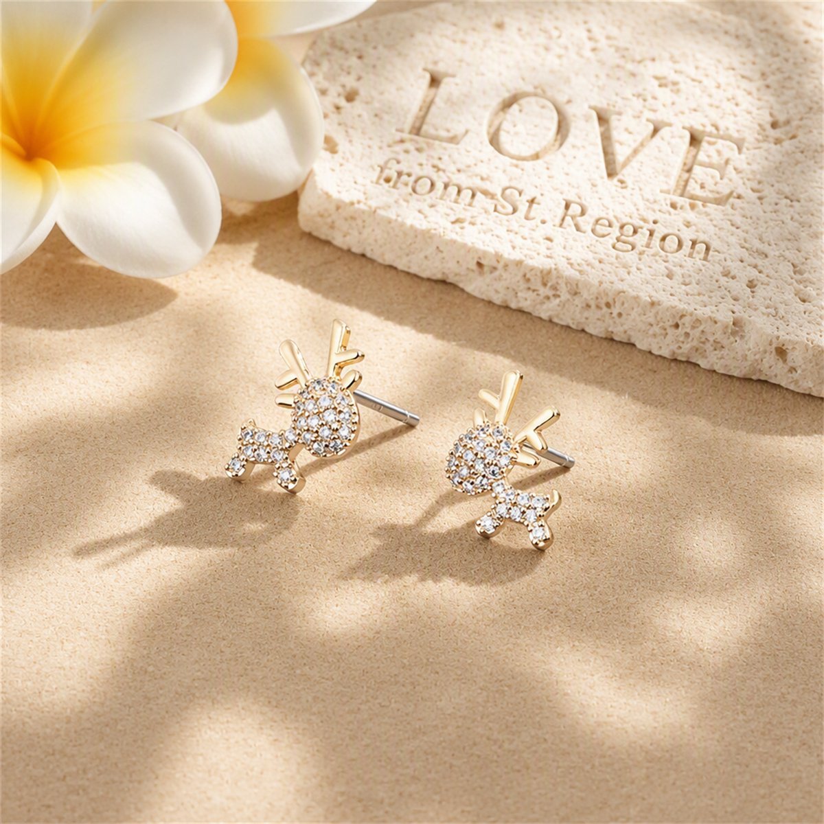 Cubic Zirconia and 18K Gold-Plated Reindeer Stud Earrings, gold stud earrings for women, lifestyle look