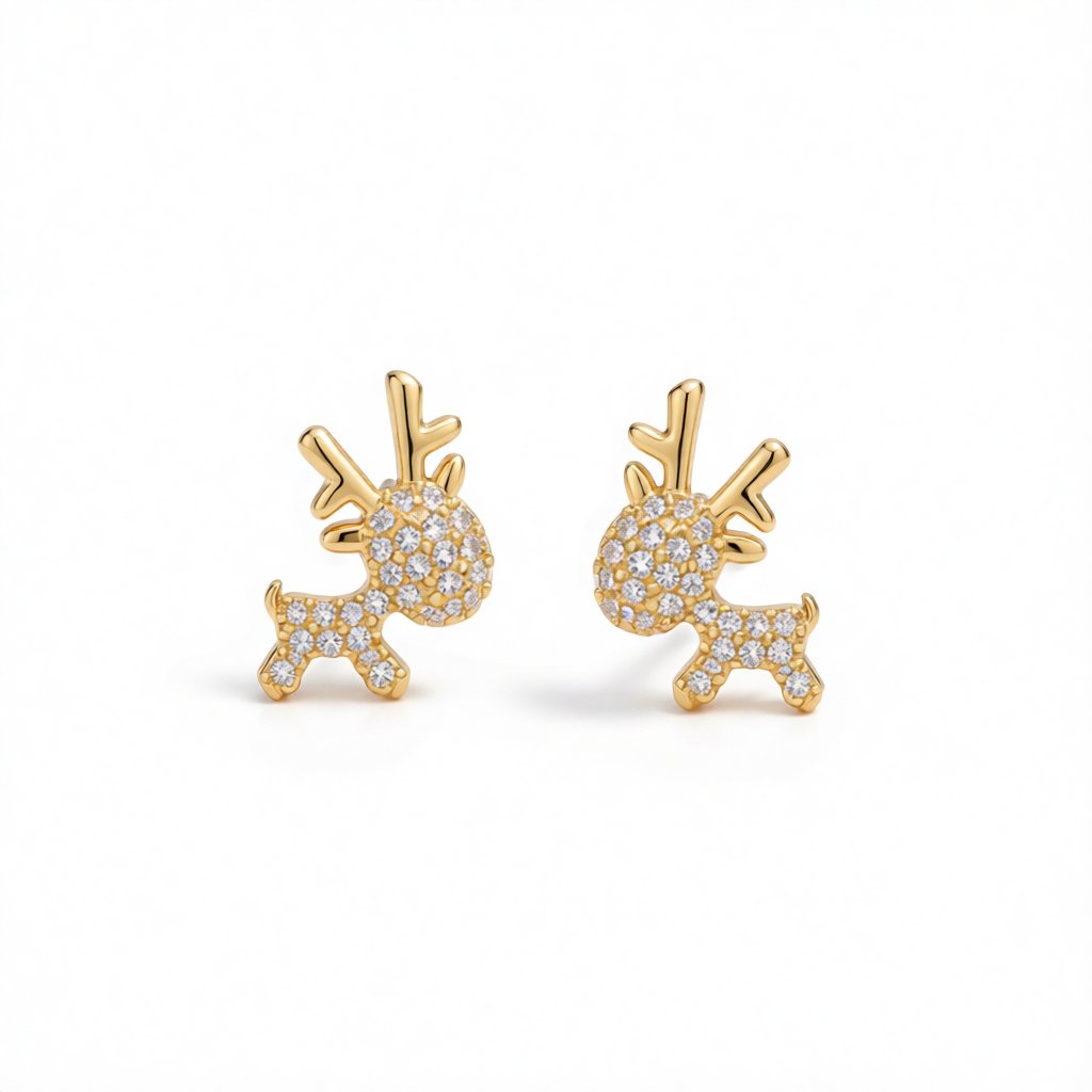 Cubic Zirconia and 18K Gold-Plated Reindeer Stud Earrings, gold stud earrings for women, dainty minimalist design, side view