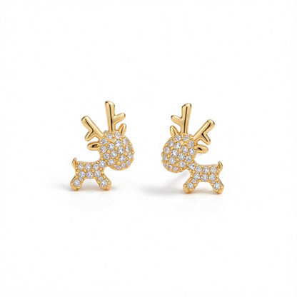 Cubic Zirconia and 18K Gold-Plated Reindeer Stud Earrings, gold stud earrings for women, dainty minimalist design, side view