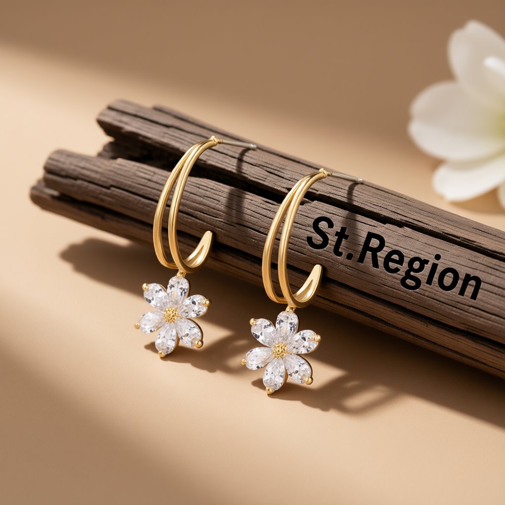 Crystal and 18K Gold-Plated Flower Drop Earrings, gold drop earrings for women, dainty minimalist design, front view