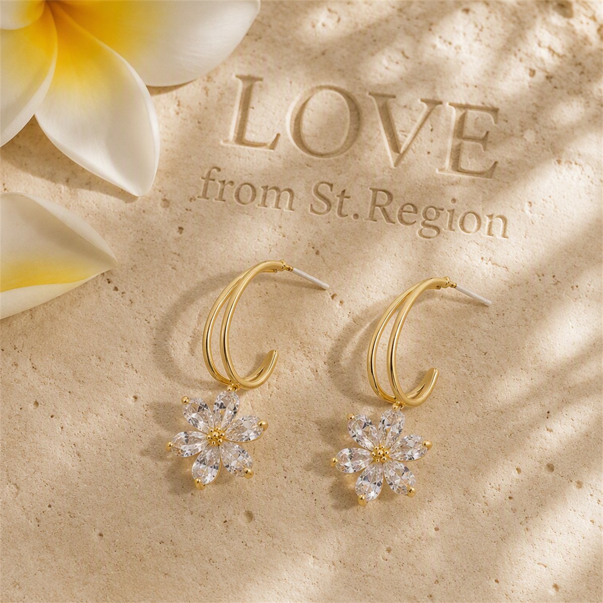 Crystal and 18K Gold-Plated Flower Drop Earrings, gold drop earrings for women, dainty minimalist design, lifestyle look