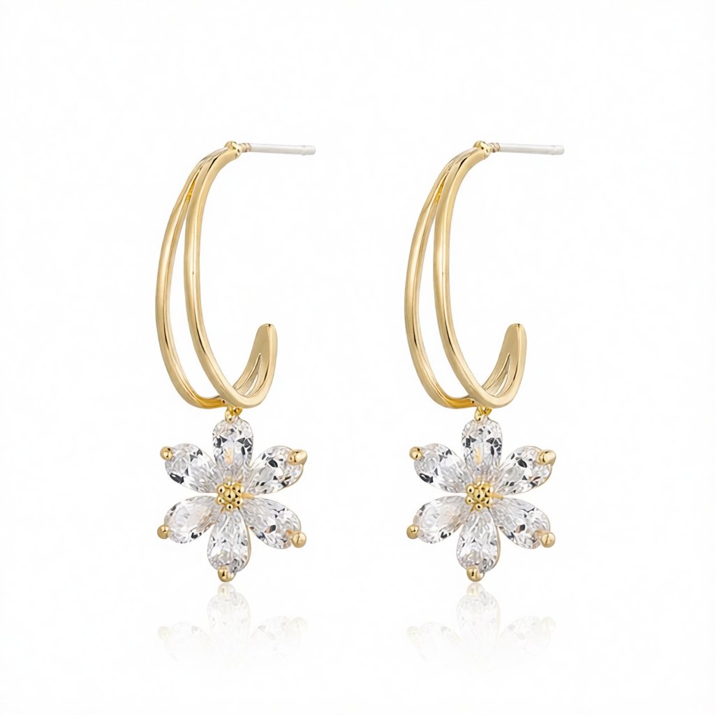 Crystal and 18K Gold-Plated Flower Drop Earrings, gold drop earrings for women, dainty minimalist design, side view