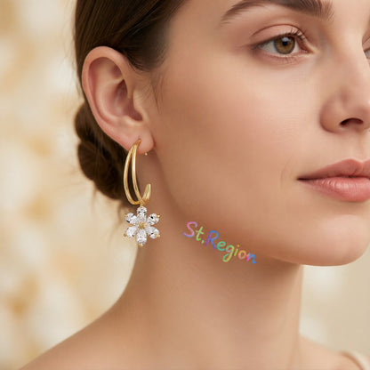 Crystal and 18K Gold-Plated Flower Drop Earrings, gold drop earrings for women, dainty minimalist design, styled look