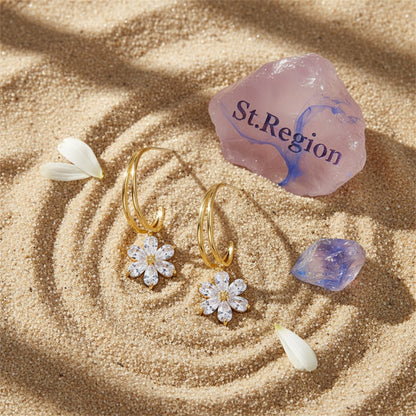 Crystal and 18K Gold-Plated Flower Drop Earrings, gold drop earrings for women, dainty minimalist design, detail close-up