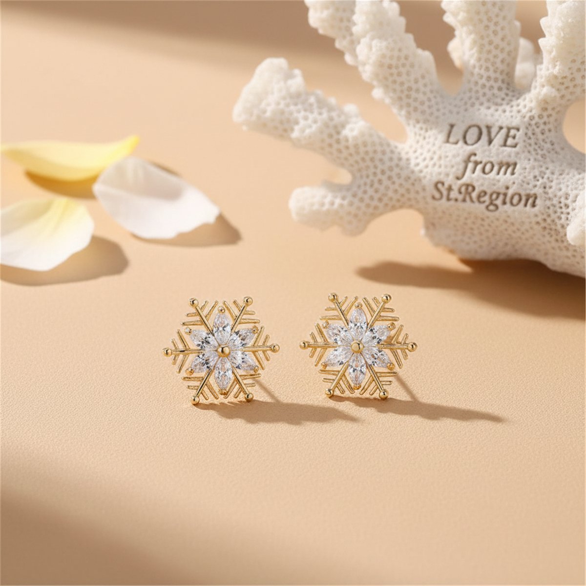 Crystal and 18K Gold-Plated Snowflake Stud Earrings, gold stud earrings for women, everyday style, lifestyle look