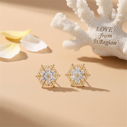 Crystal and 18K Gold-Plated Snowflake Stud Earrings, gold stud earrings for women, everyday style, lifestyle look