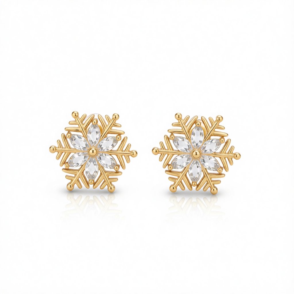 Crystal and 18K Gold-Plated Snowflake Stud Earrings, gold stud earrings for women, everyday style, side view