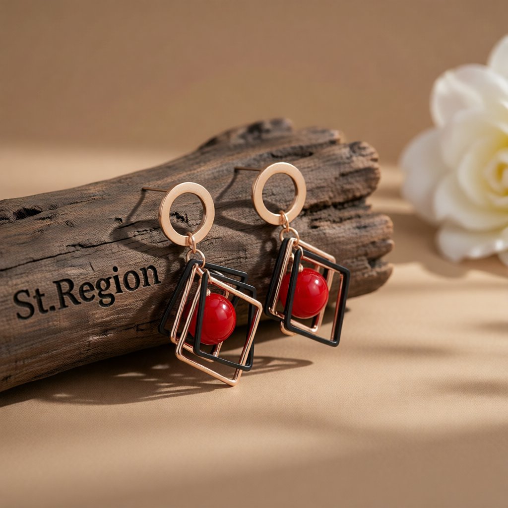 Red Pearl and 18K Rose Gold-Plated Rhombus Drop Earrings, rose gold drop earrings for women, elegant gift for her, front view