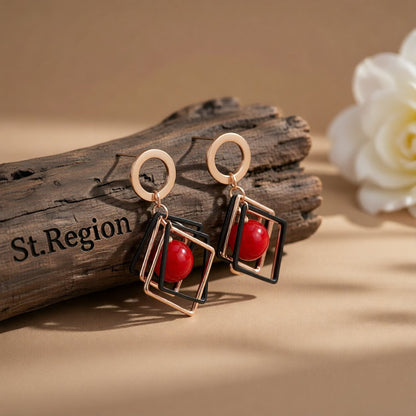Red Pearl and 18K Rose Gold-Plated Rhombus Drop Earrings, rose gold drop earrings for women, elegant gift for her, front view