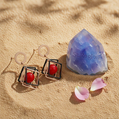 Red Pearl and 18K Rose Gold-Plated Rhombus Drop Earrings, rose gold drop earrings for women, detail close-up