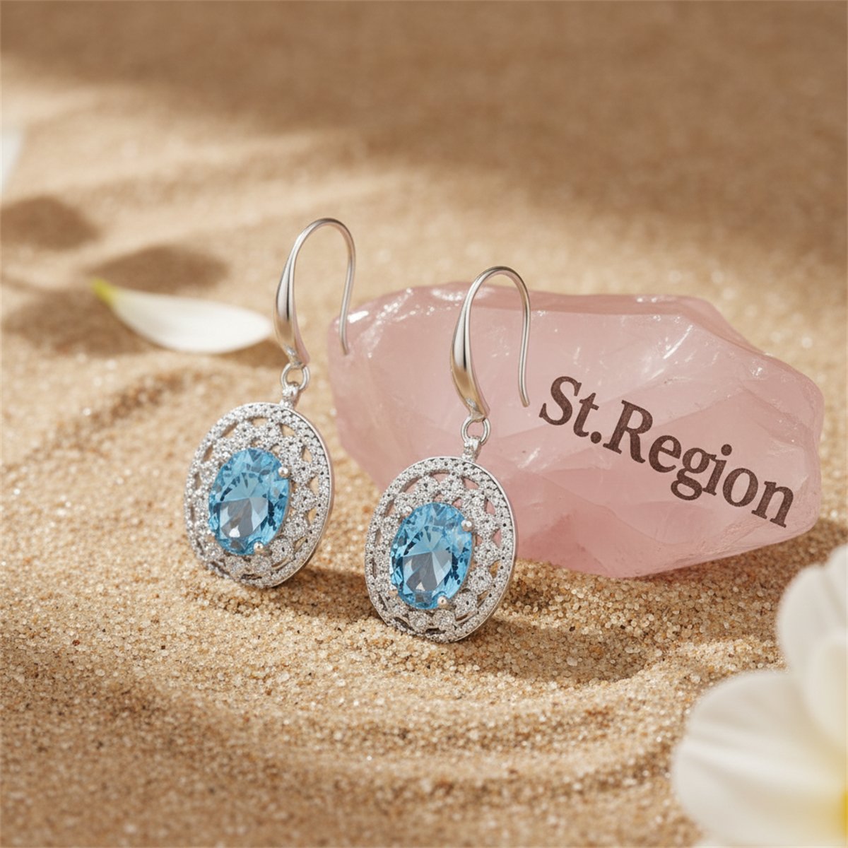 Sea Blue Crystal and Cubic Zirconia Silver-Plated Oval Drop Earrings, silver drop earrings for women, detail close-up