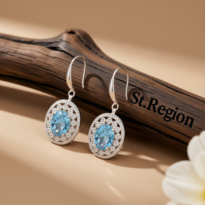 Sea Blue Crystal and Cubic Zirconia Silver-Plated Oval Drop Earrings, silver drop earrings for women, front view