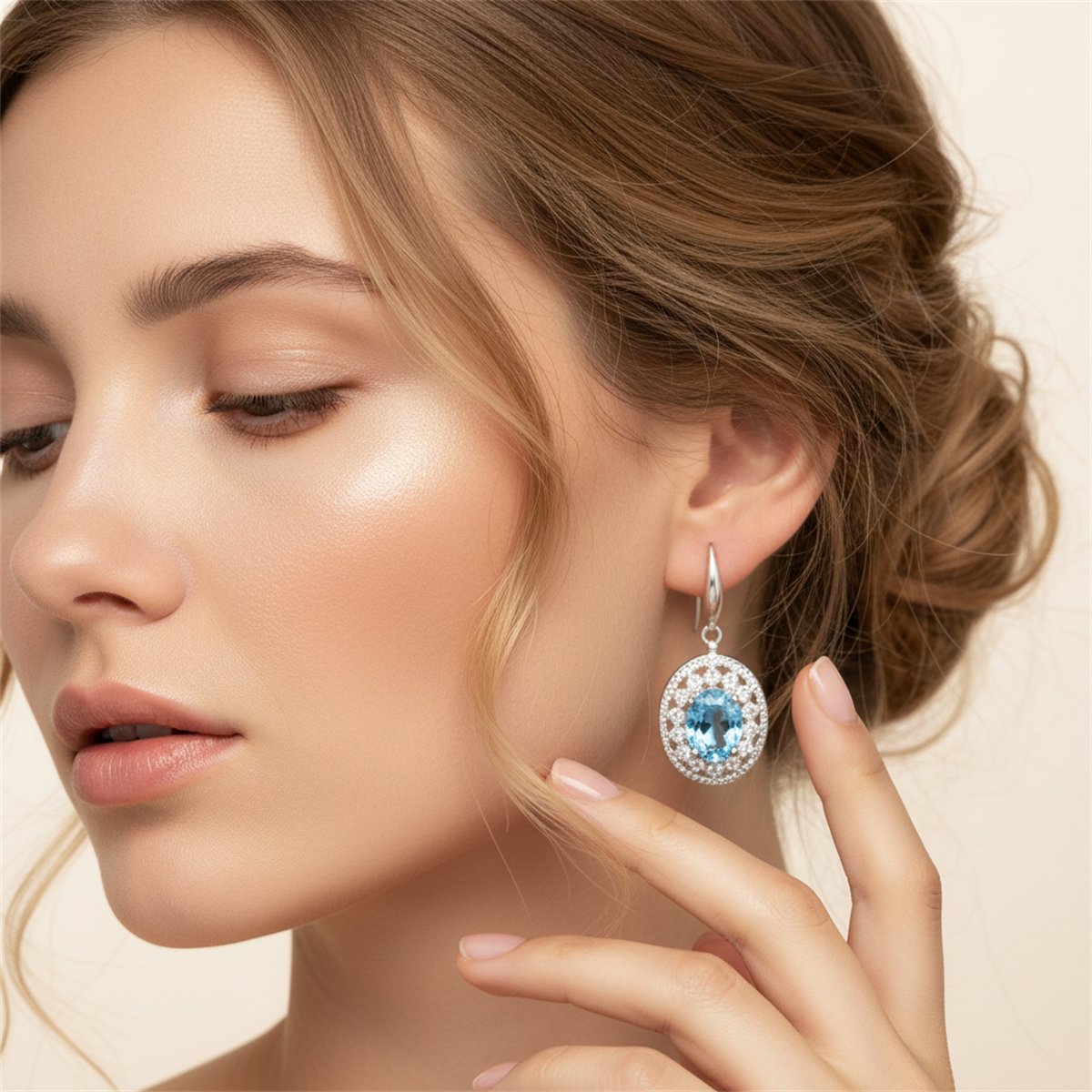 Sea Blue Crystal and Cubic Zirconia Silver-Plated Oval Drop Earrings, silver drop earrings for women, styled look