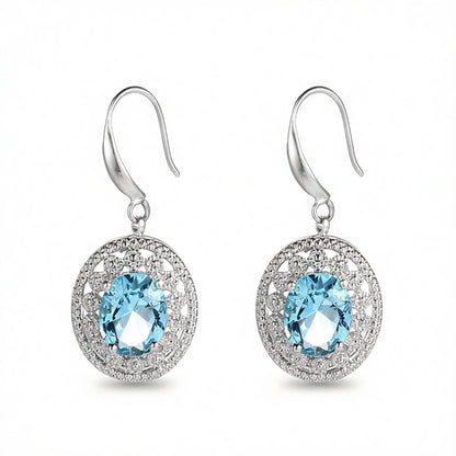 Sea Blue Crystal and Cubic Zirconia Silver-Plated Oval Drop Earrings, silver drop earrings for women, side view