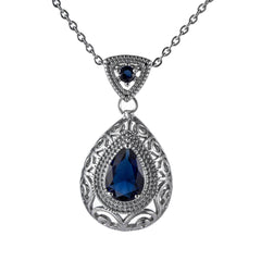 Navy Crystal & Silver-Plated Filigree Pear Pendant Necklace