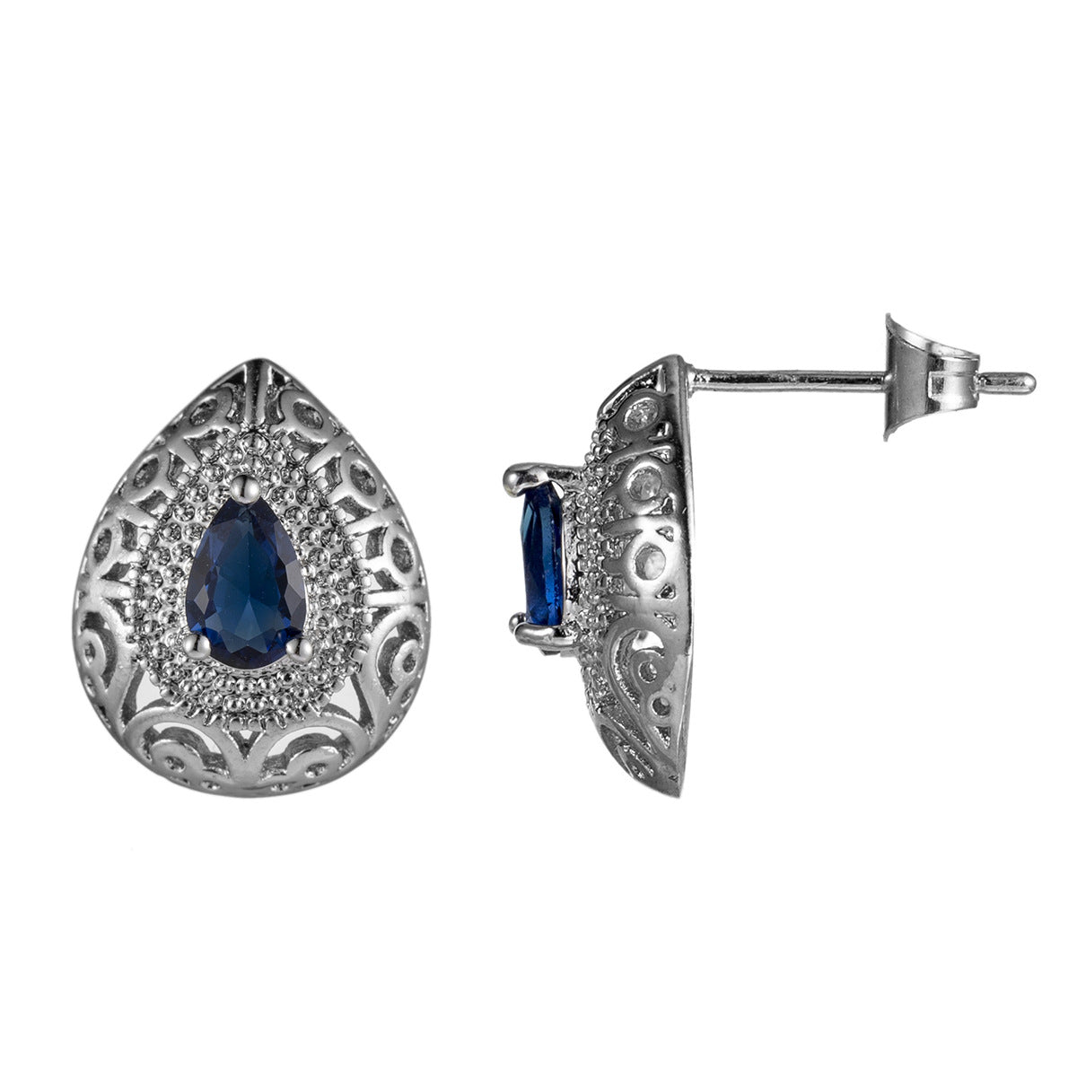 Navy Crystal and Silver-Plated Filigree Pear-Cut Stud Earrings, cubic zirconia stud earrings for women, side view