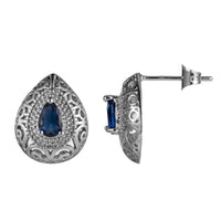 Navy Crystal & Silver-Plated Filigree Pear-Cut Stud Earrings