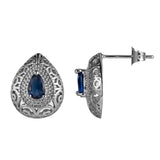 Navy Crystal & Silver-Plated Filigree Pear-Cut Stud Earrings