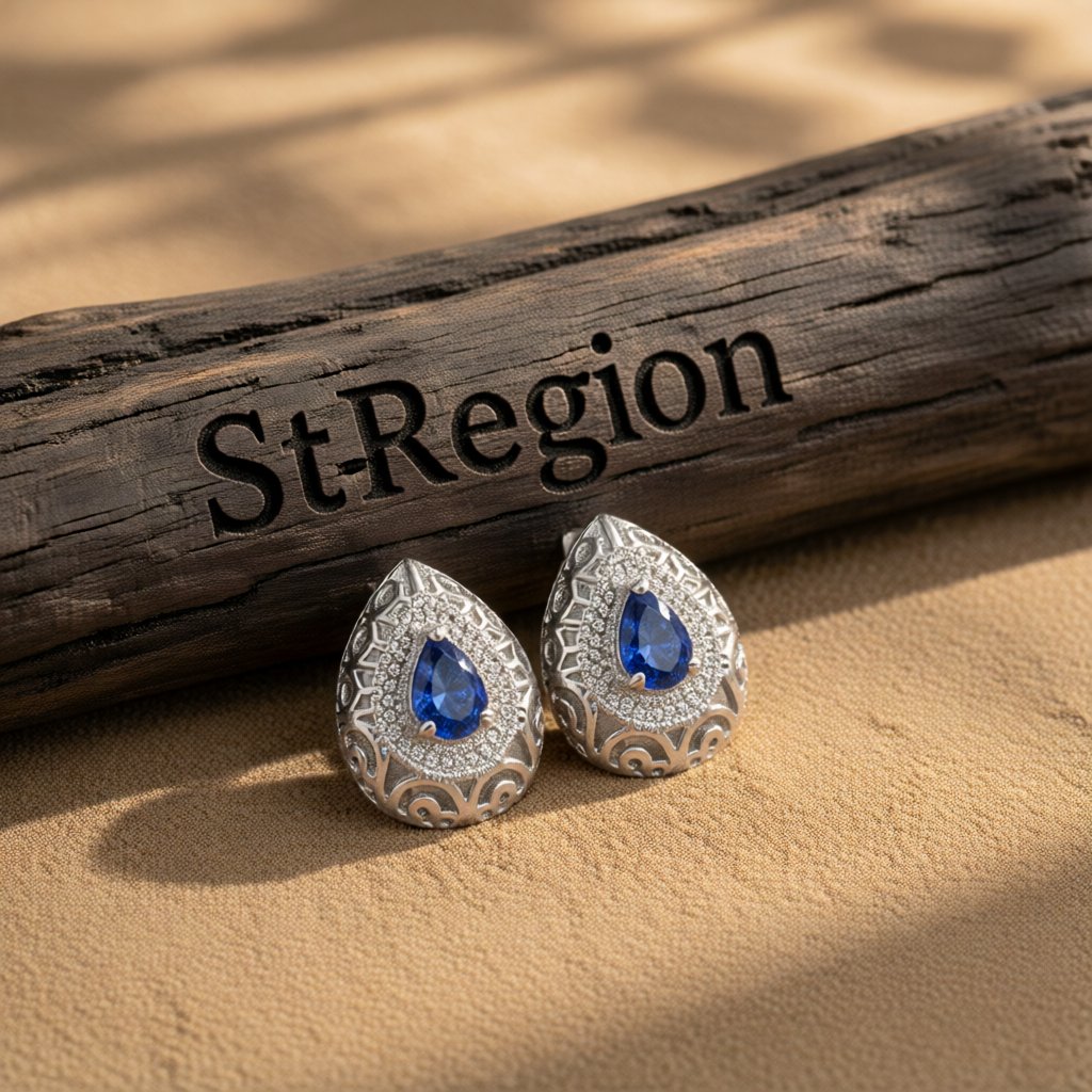 Navy Crystal and Silver-Plated Filigree Pear-Cut Stud Earrings, cubic zirconia stud earrings for women, front view