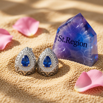 Navy Crystal and Silver-Plated Filigree Pear-Cut Stud Earrings, cubic zirconia stud earrings for women, detail close-up